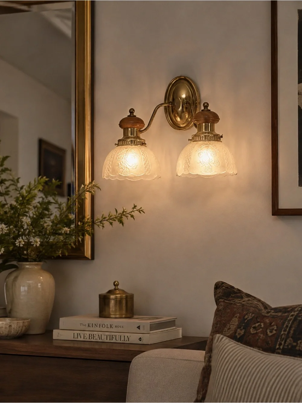 Brass and Frosted Glass Wall Sconce with Wood Accents - White